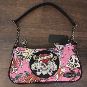 NWT Y2K Ed Hardy Pink Rhinestone Skull Design Women's Purse Shoulder/Crossbody